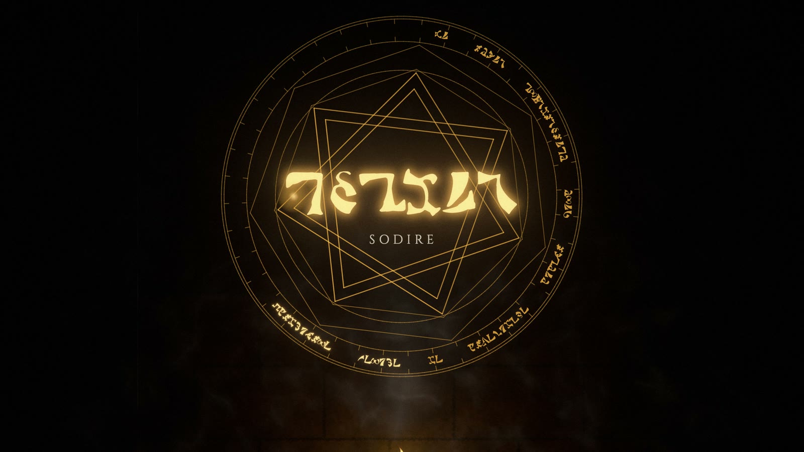 Enochian letters written in gold light inside John Dee's Sigillum Dei Aemeth