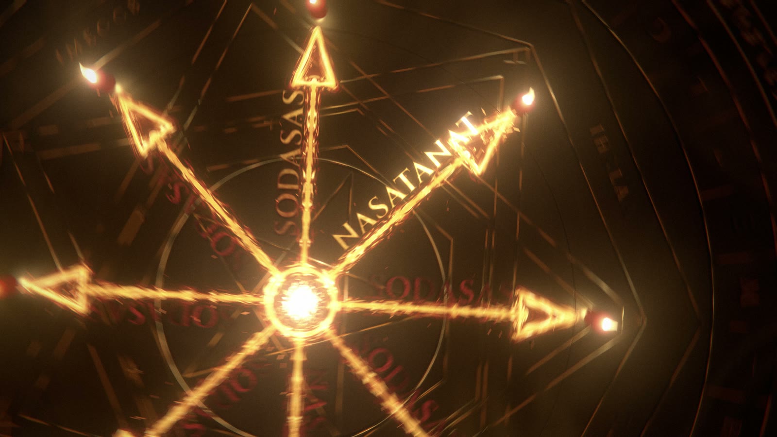The eight arrows of the Chaos Star burning across a temple floor