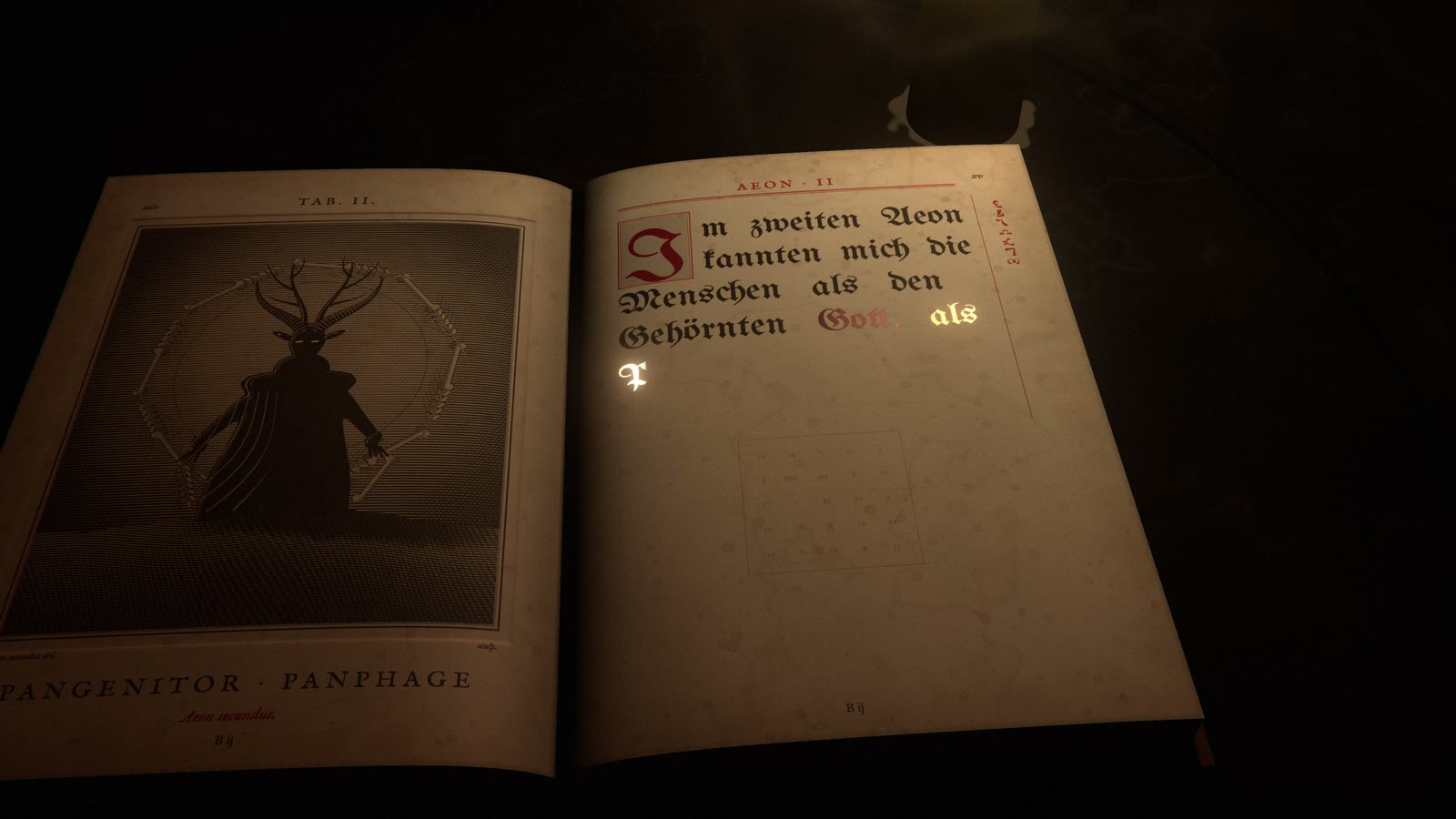 An open grimoire lit by a candle, with an engraved horned figure and Fraktur text
