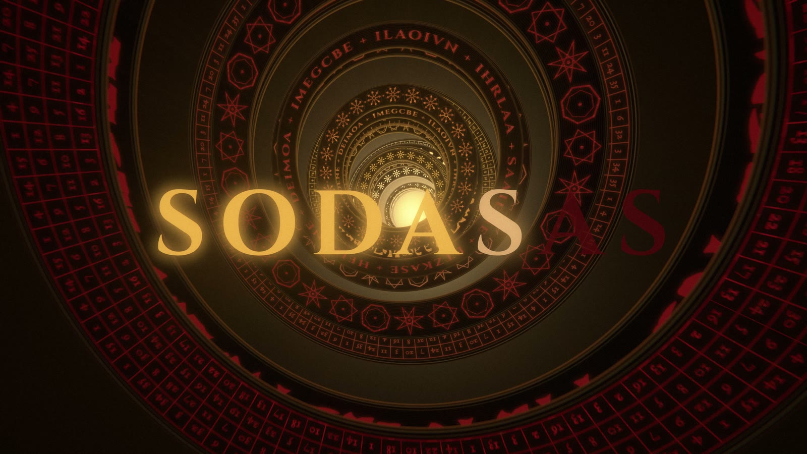 A tunnel of rotating rings of sigils with the word SODASAS in gold