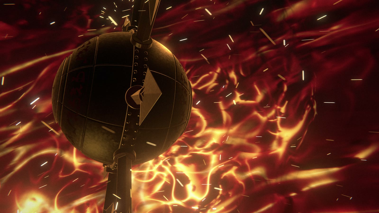 An iron chaosphere with eight arrows hanging in a storm of fire