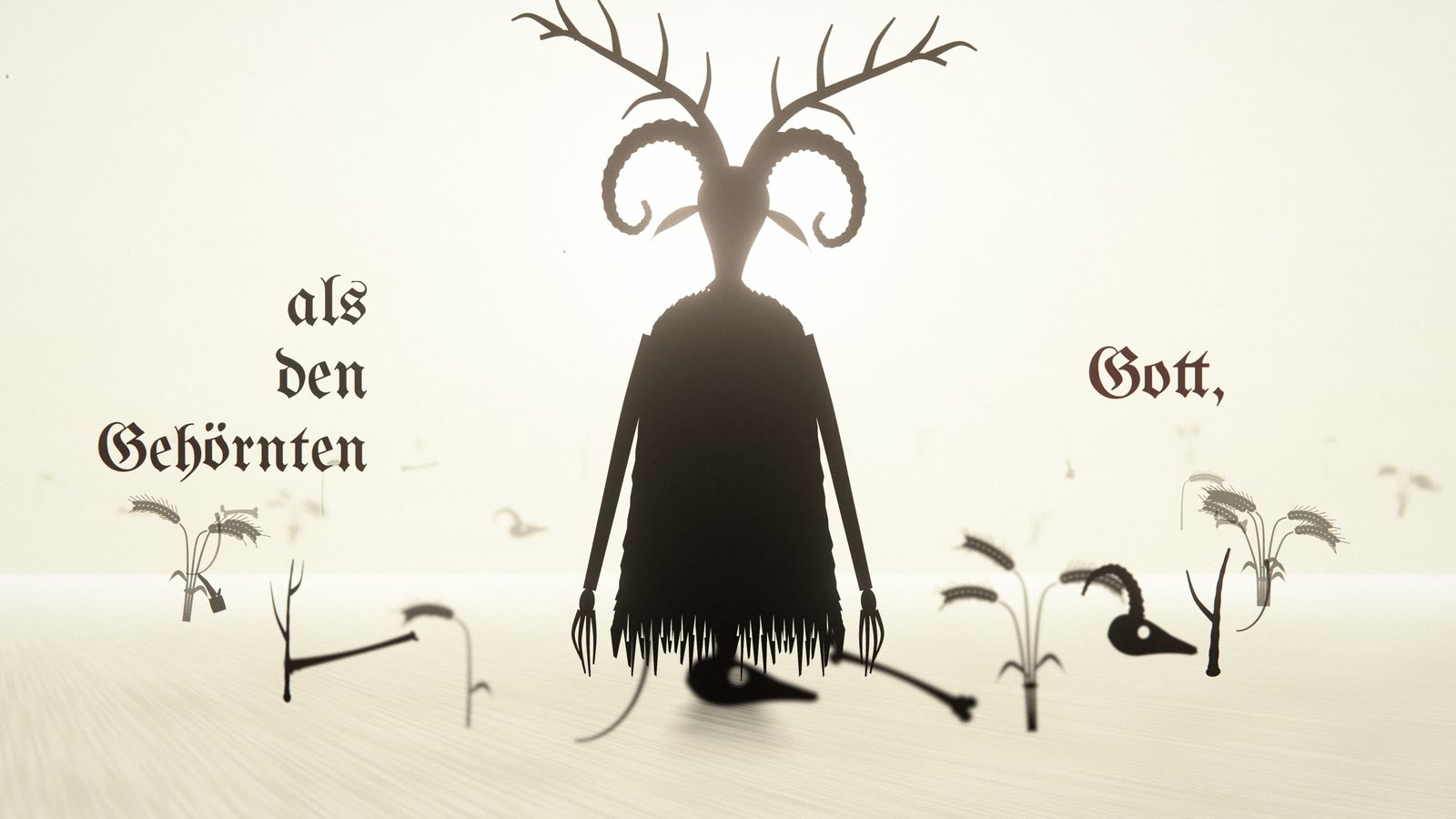 A black horned silhouette standing in a blown-out white field of wheat and bones