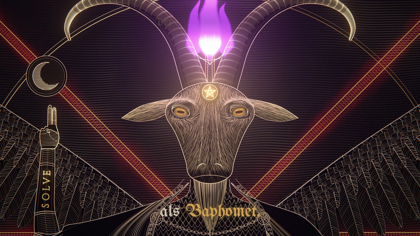Baphomet's goat head engraved in gold with a pentagram on the brow and an octarine flame between the horns